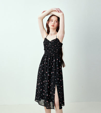 Black Floral Slit Spaghetti Strap Dress