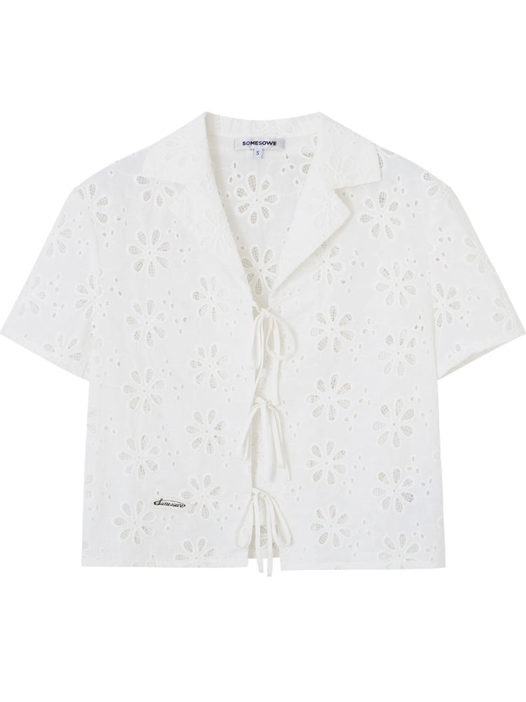 Hollow-out Flower Tie-up Short-Sleeve Top &amp; Skirt Set