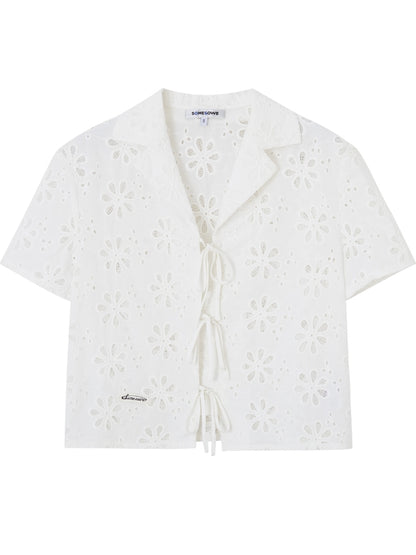 Hollow-out Flower Tie-up Short-Sleeve Top &amp; Skirt Set