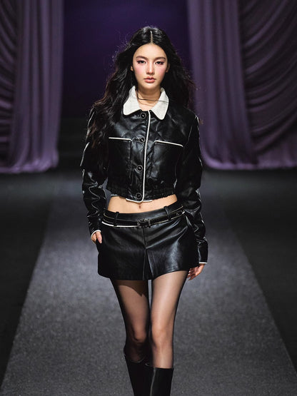 Contrast Trim Quilted Leather Jacket &amp; Skirt Set