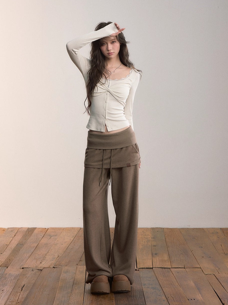 Lace Trim Button-Up Fitted Long Sleeve T-Shirt