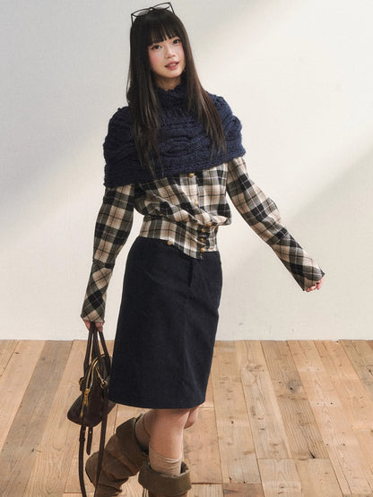 Vintage Plaid Contrast-Panel Fitted Shirt Crewneck