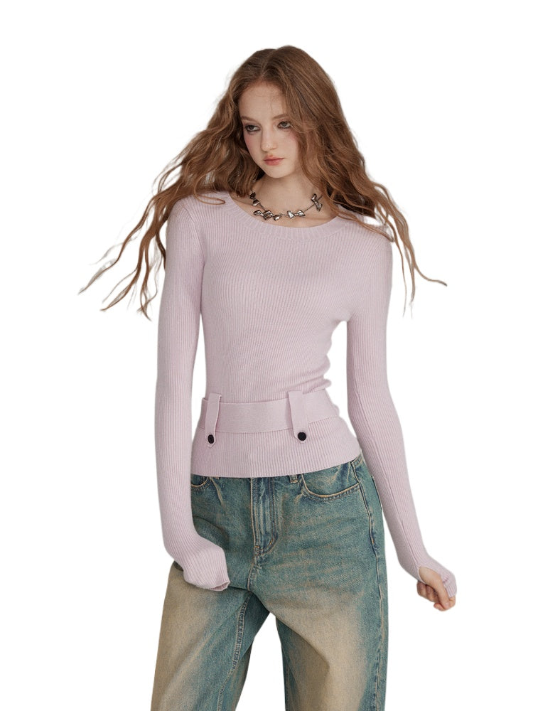 Waist-Cinched Wool Blend Crewneck