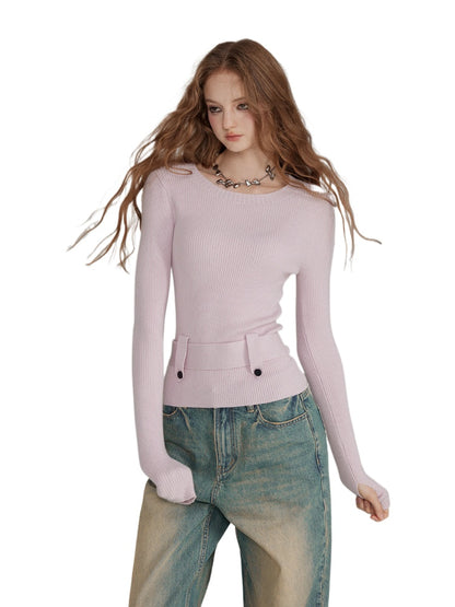 Waist-Cinched Wool Blend Crewneck