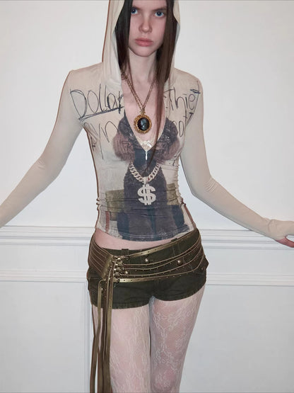 Zip-Up Hooded Long-Sleeve Fitted T-Shirt