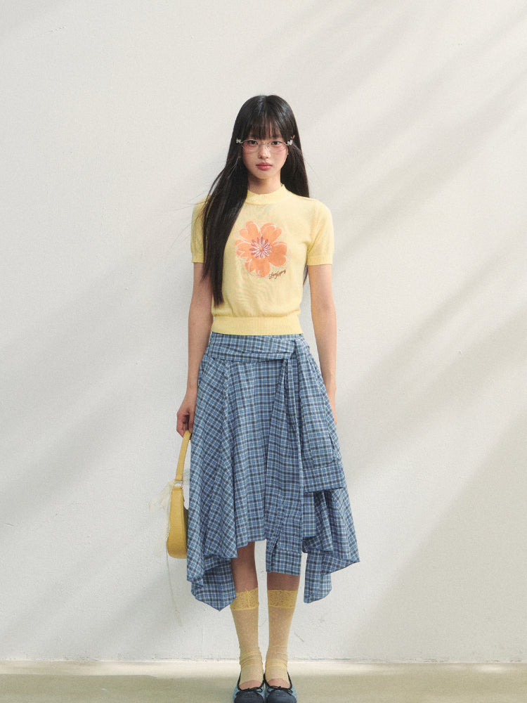 Floral Embroidered Crew Neck Short-Sleeve Knit Top - CHINASQUAD