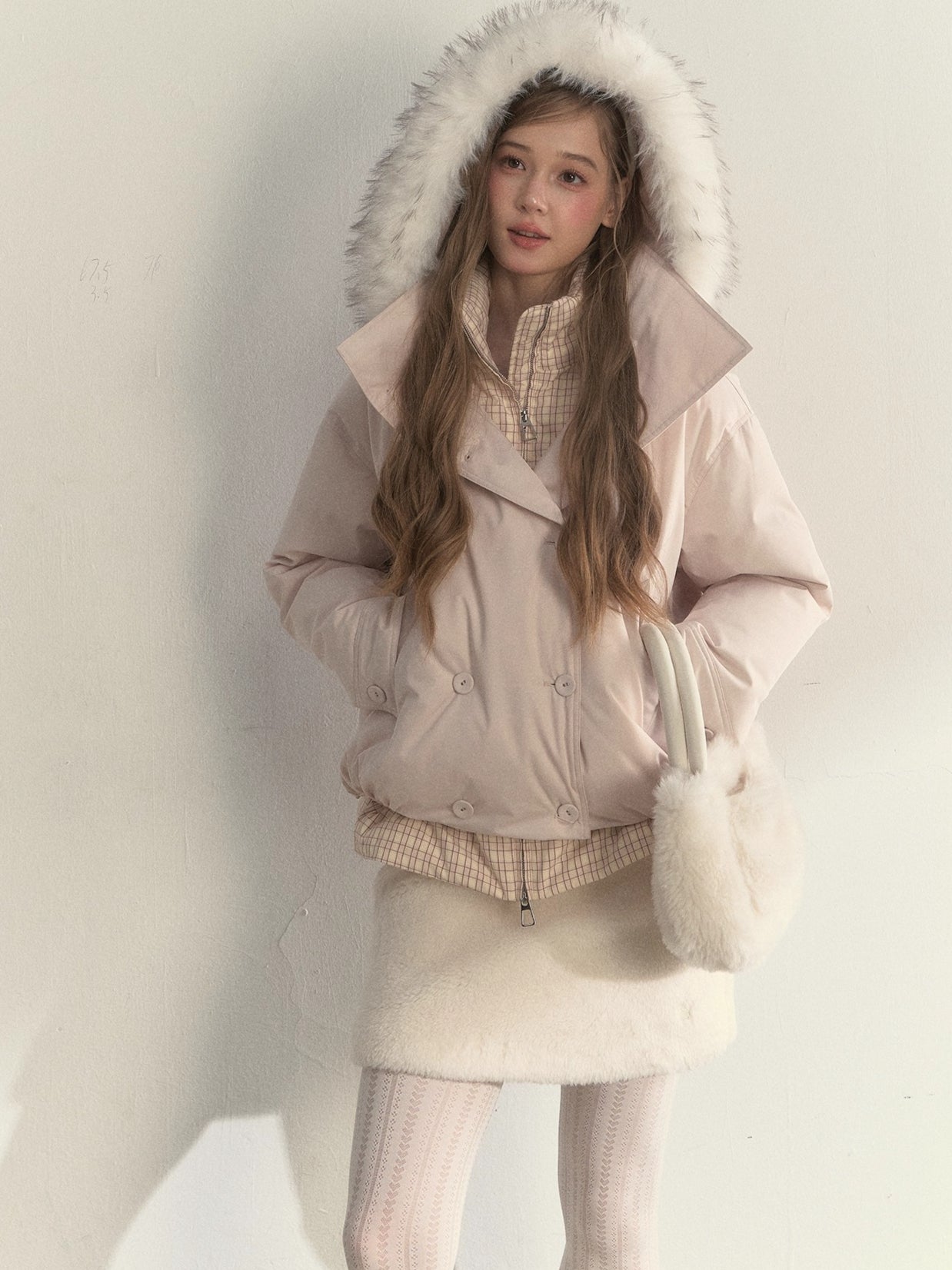 Khaki &amp; Pink Double-Breasted Layered Down Jacket