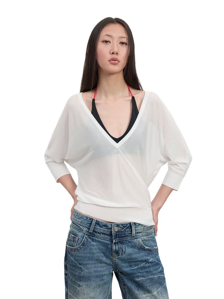 Deep V-Neck Bat-Sleeve Knit Cover-Up