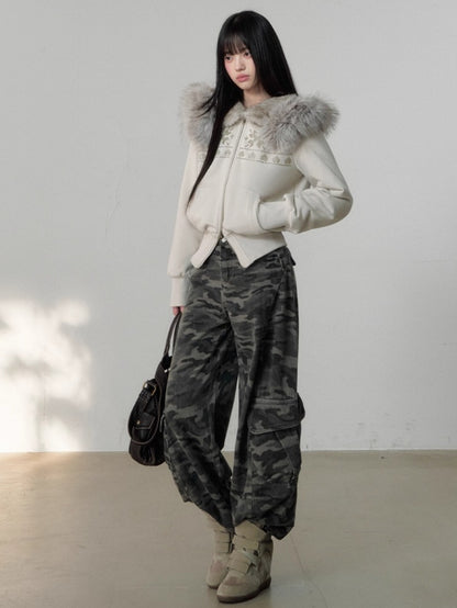 Vintage Rivet Embellished Fleece Hoodie Jacket