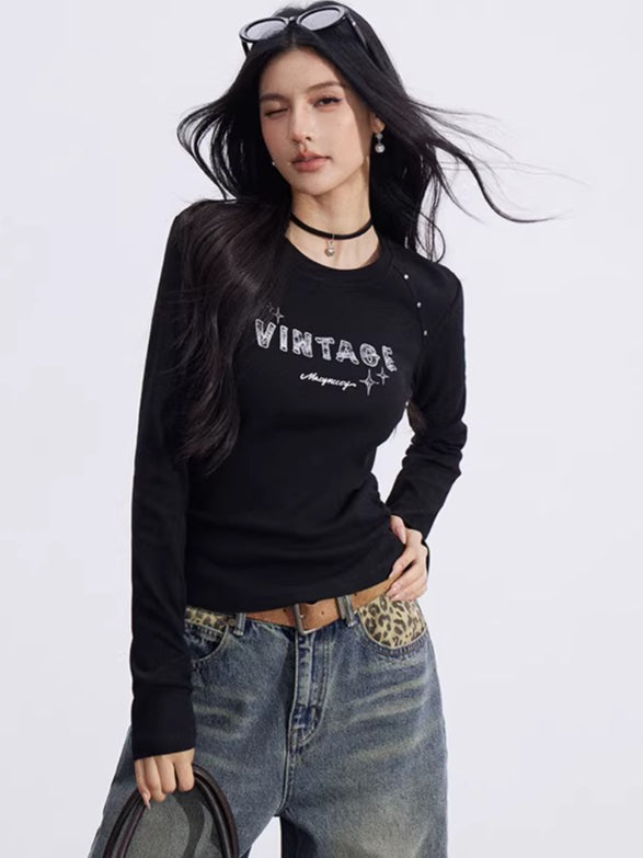 Letter-Print Slim-Fit Long-Sleeve T-Shirt