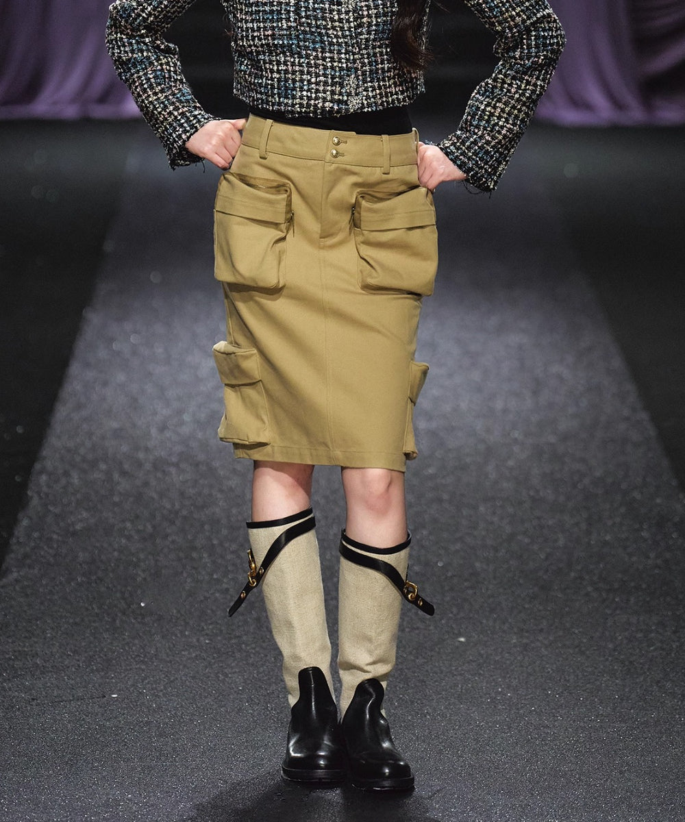 Khaki Utility Pocket Structured Midi Skirt