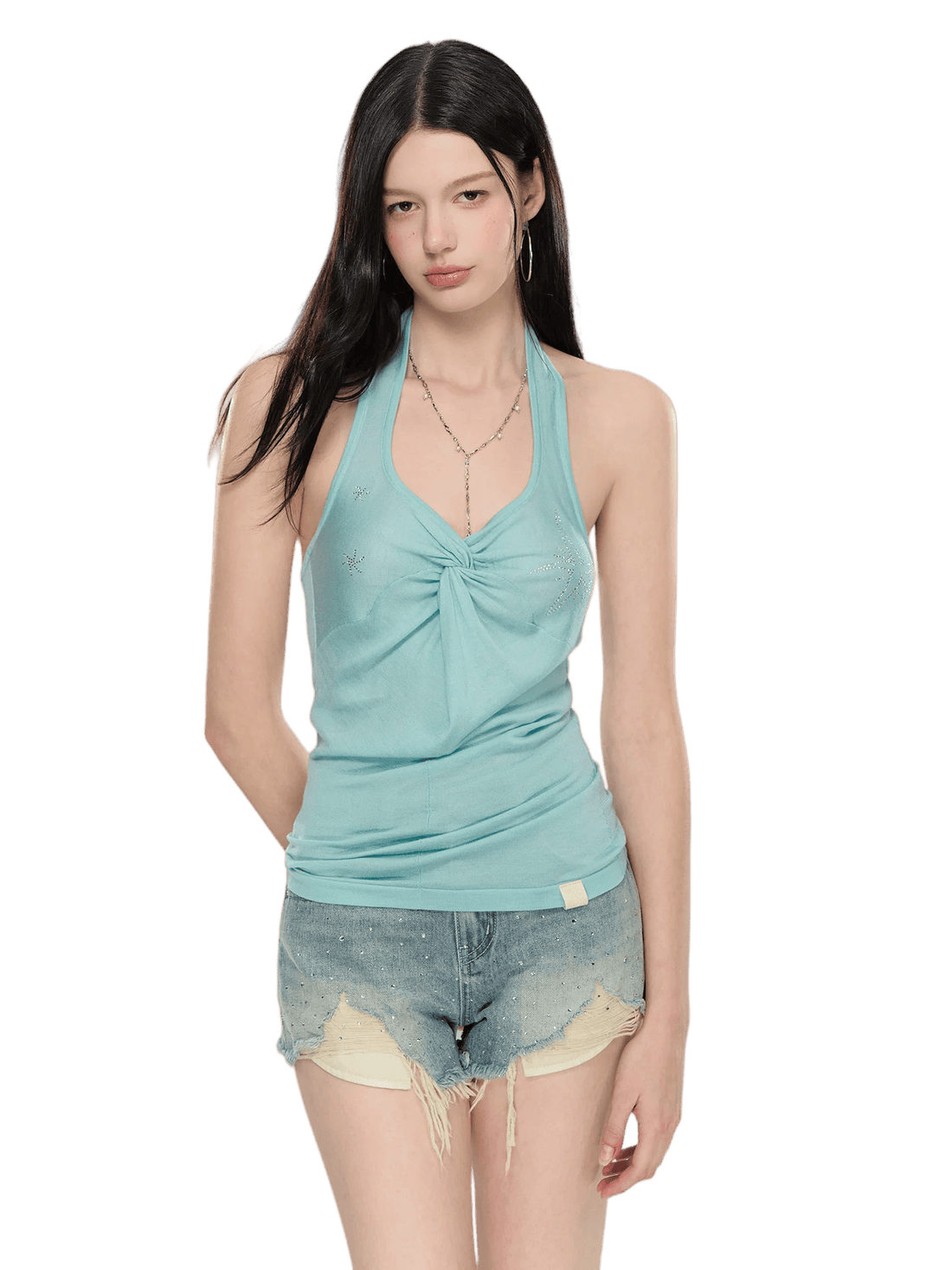 Rhinestone Knot Halter Knit Vest