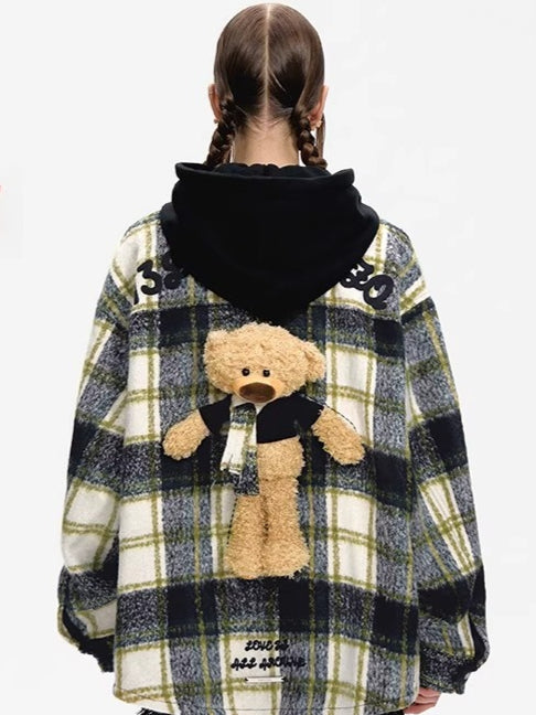 Plaid Patchwork Teddy Zip Overshirt Jacket