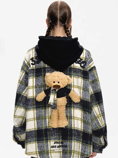 Plaid Patchwork Teddy Zip Overshirt Jacket