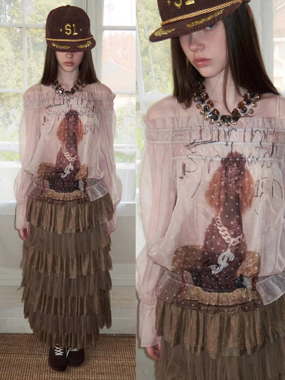 French Lace Layered Tulle Midi Skirt