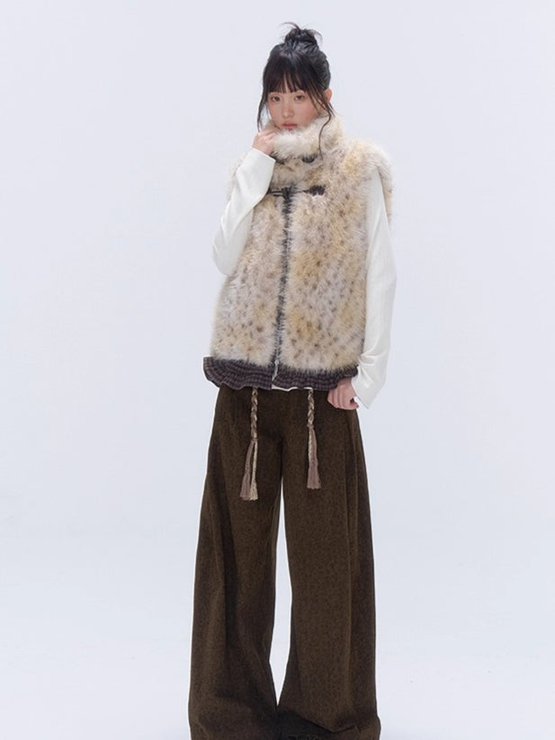 Faux Fur Leopard-Panel Lace-Trim Vest