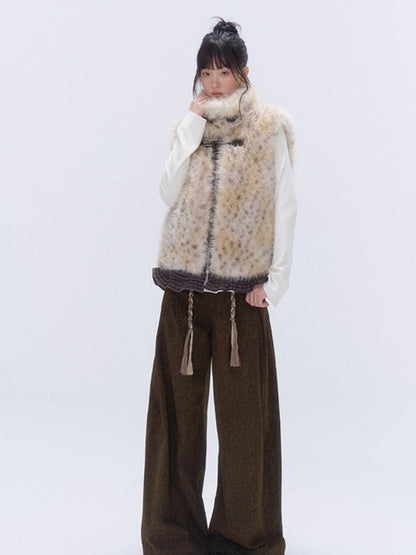 Faux Fur Leopard-Panel Lace-Trim Vest