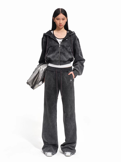 Crystal-Embellished Vintage Wash Cotton Straight-Leg Trousers