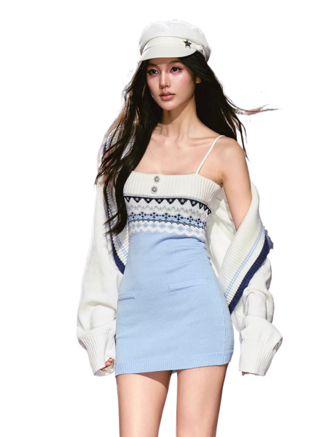 Asymmetrical Strap Top &amp; Fair Isle Knit Cardigan Set