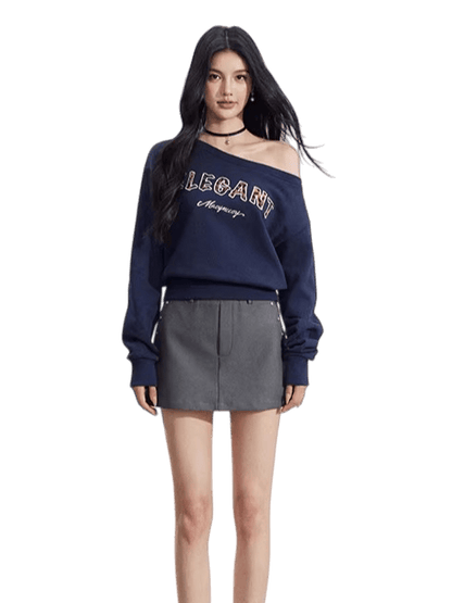 Off-Shoulder Letter-Print Cropped Sweatshirt