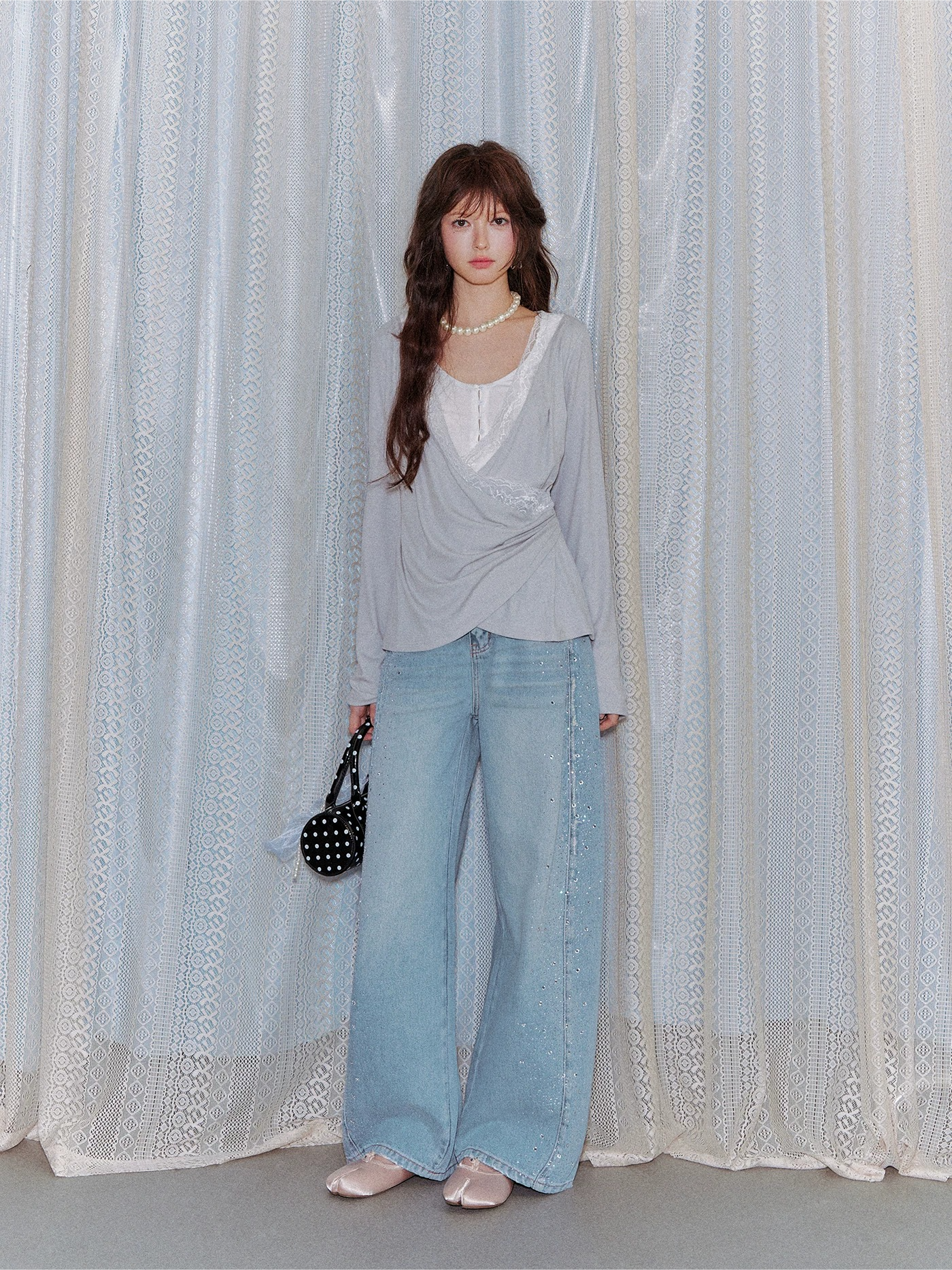 Lyocell Washed Rhinestone Curved-Leg Wide Denim Pants