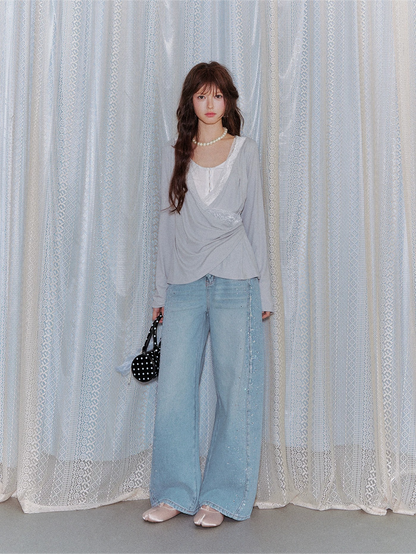 Lyocell Washed Rhinestone Curved-Leg Wide Denim Pants