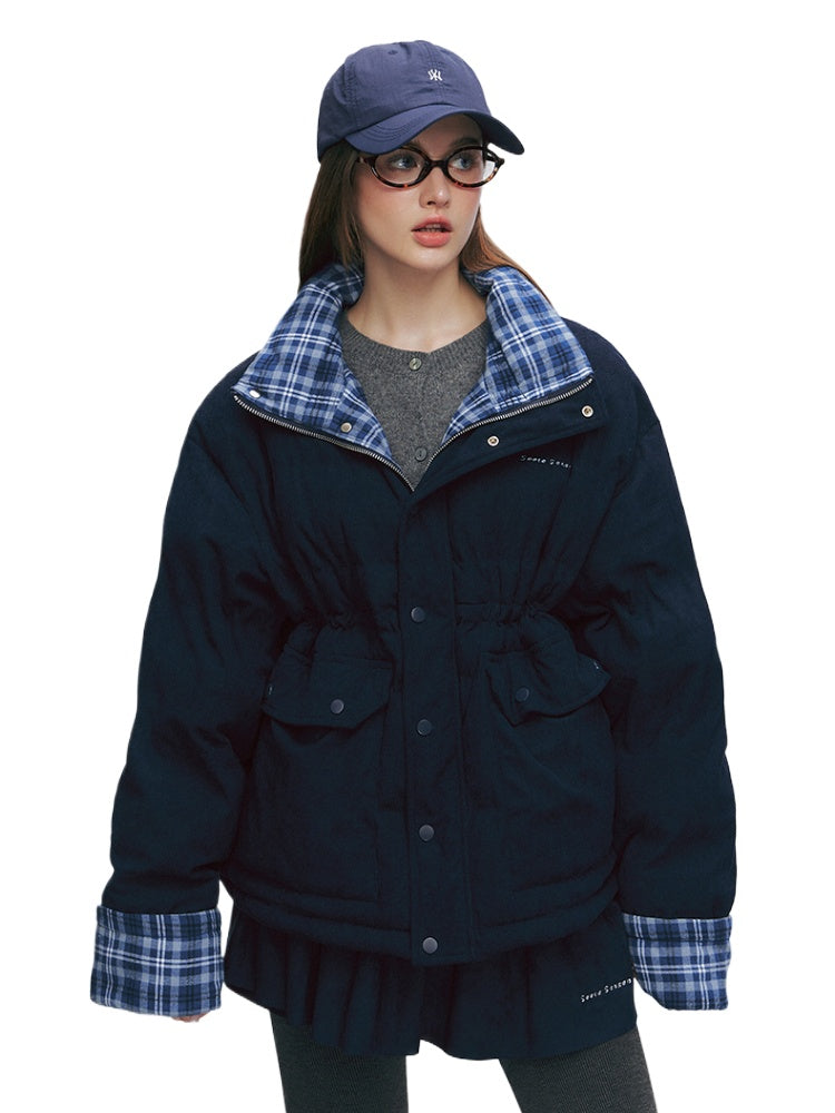 Color-block Plaid Spliced Cotton Jacket