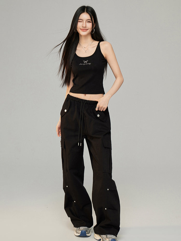 Drawstring Pleated Workwear Wide-Leg Pants