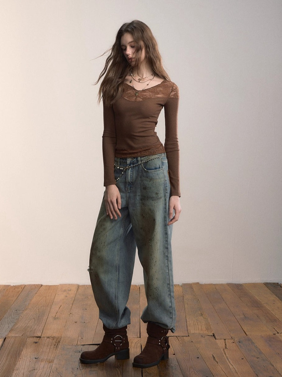 Lace-Trimmed Rib Knit V-Neck Knitwear