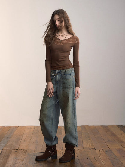 Lace-Trimmed Rib Knit V-Neck Knitwear