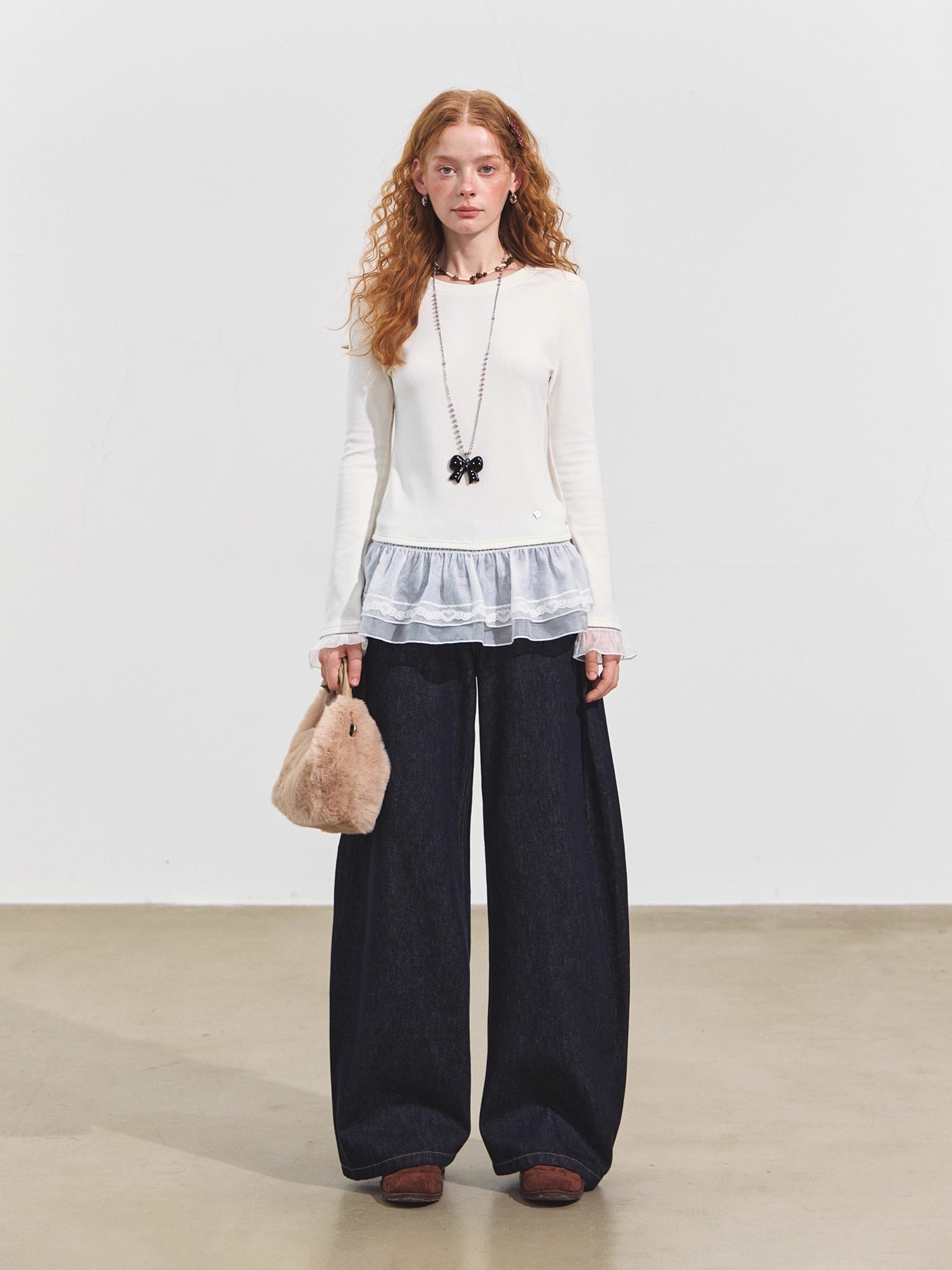 Double-Layer Ruffle Raglan Sleeve Fleece T-Shirt