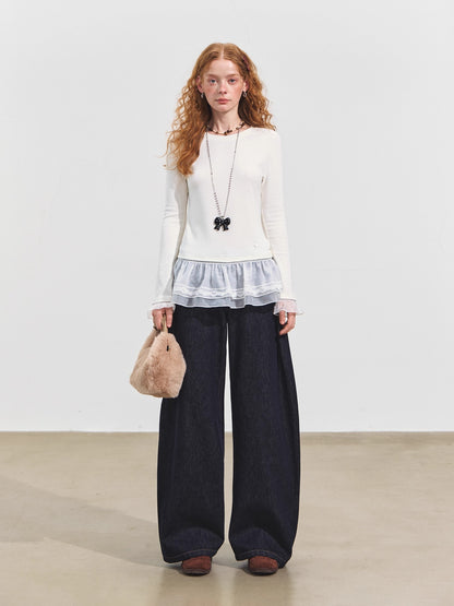 Double-Layer Ruffle Raglan Sleeve Fleece T-Shirt
