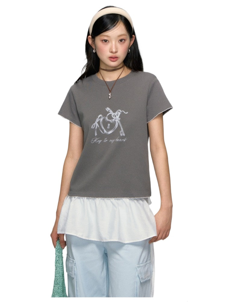 Key Print Contrast-Edge T-shirt