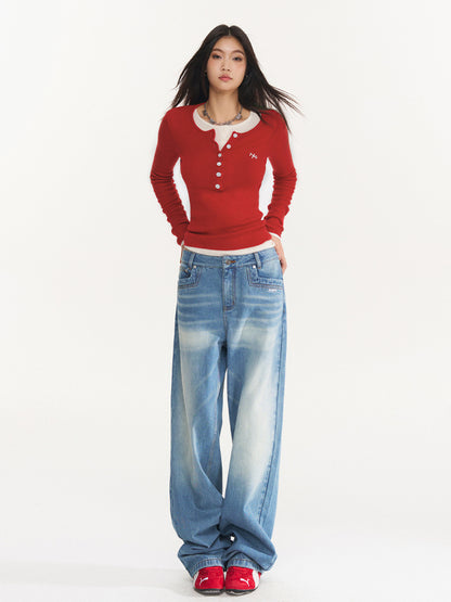 Water-Washed Low-Waist Loose Straight-Leg Pants