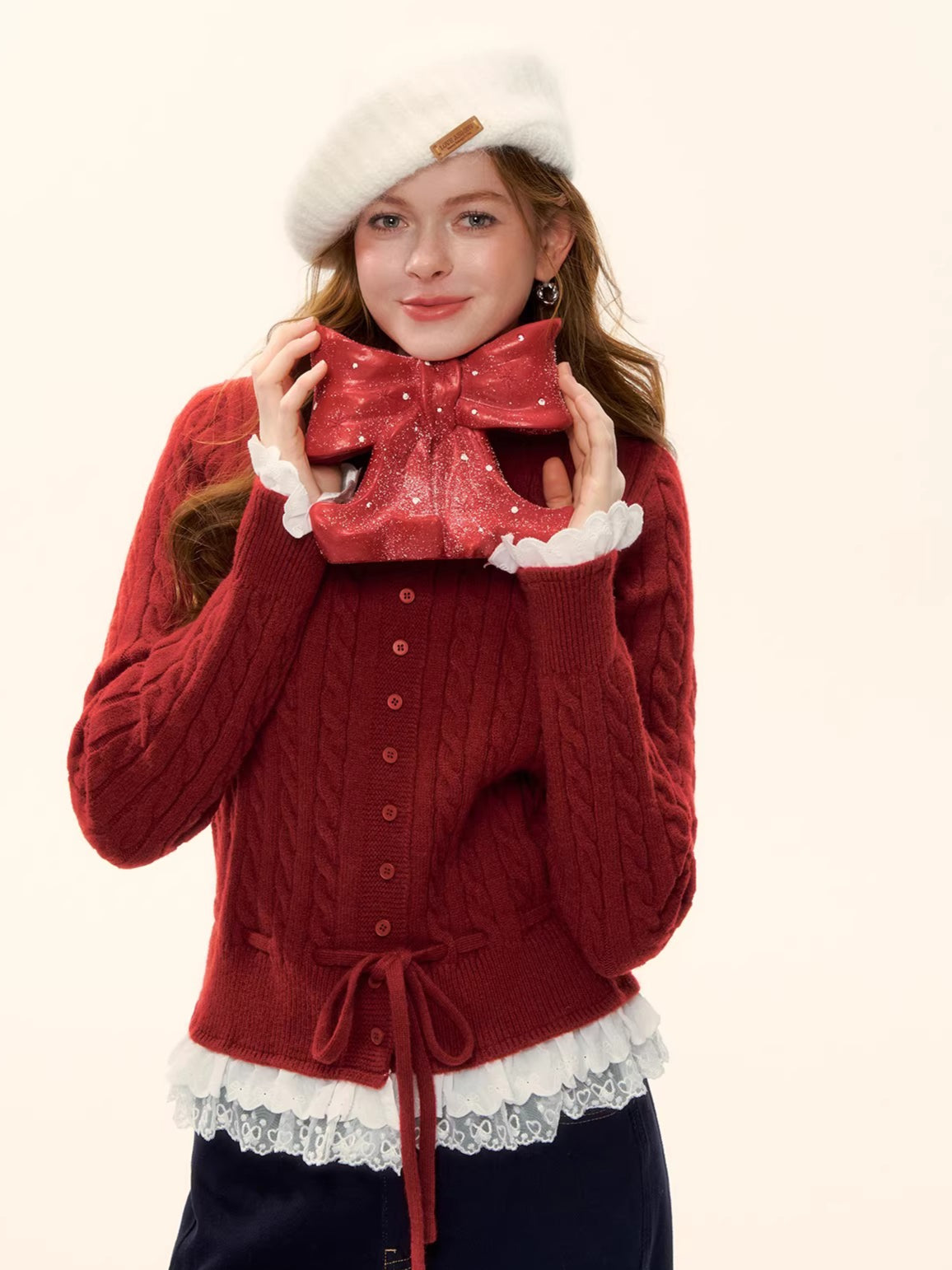 Cable Knit Lace-Hem Drawstring Sweater