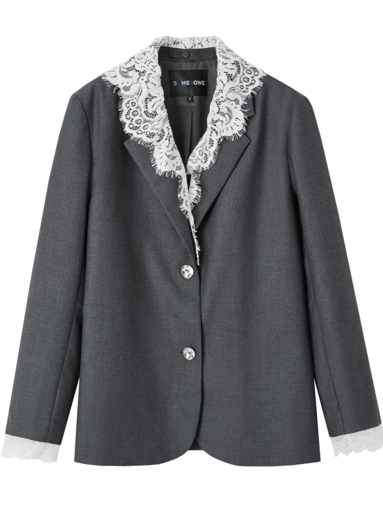 Gray Detachable Lace-collar Blazer