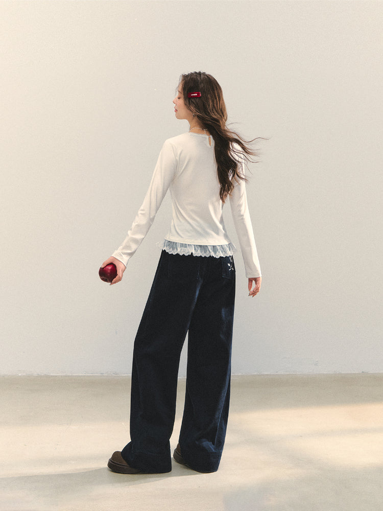 Cross-Stitch Floral Wide-Leg Pants - CHINASQUAD