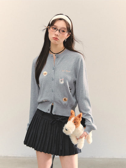 Dog Embroidery Crew Neck Knit Cardigan
