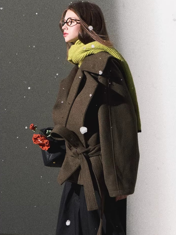 Waist-Defining Silhouette Stand-Collar Wool Coat