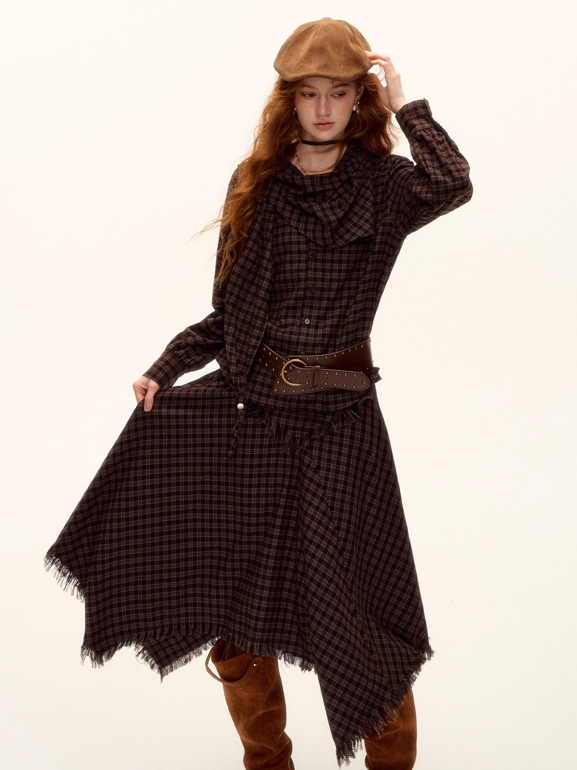 Vintage Plaid Beaded Tie-Scarf Shirt