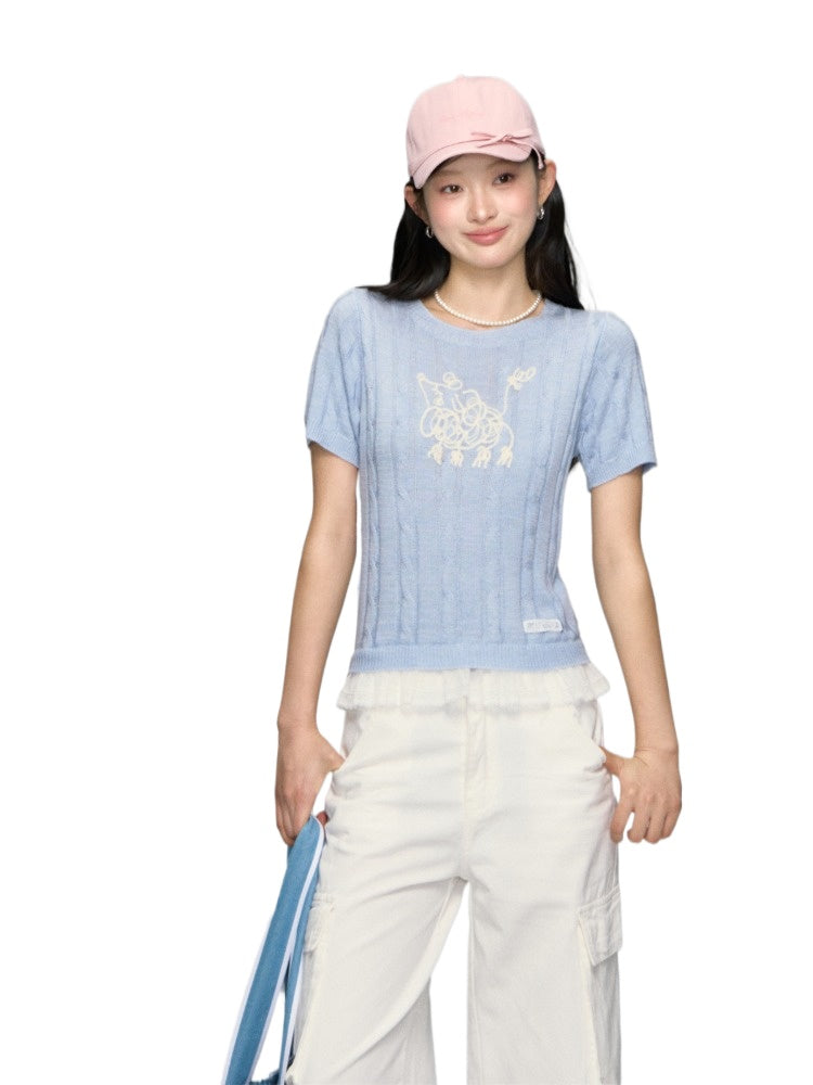 Dog Embroidered Cable Knit T-shirt