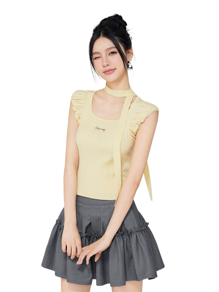 Bubble Sleeve Small Square Neck Knitted Top