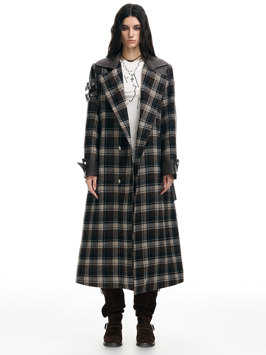 Plaid Patchwork Leather-Trim Quilted Trench Coat