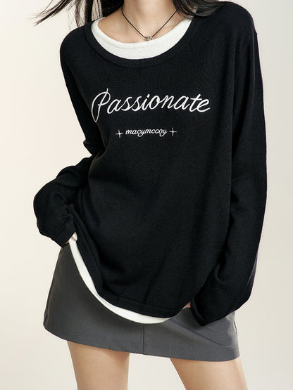 Black Crewneck Letter Embroidered Sweater