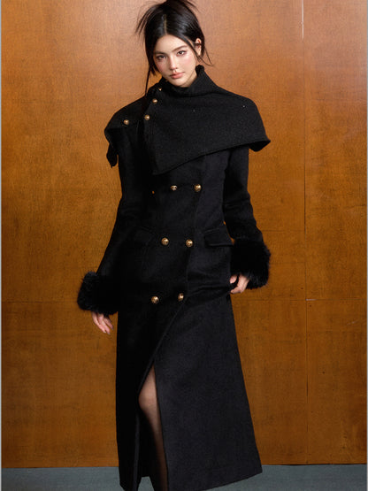 Detachable Fur Waist-Fitted Wool Coat &amp; Scarf Set