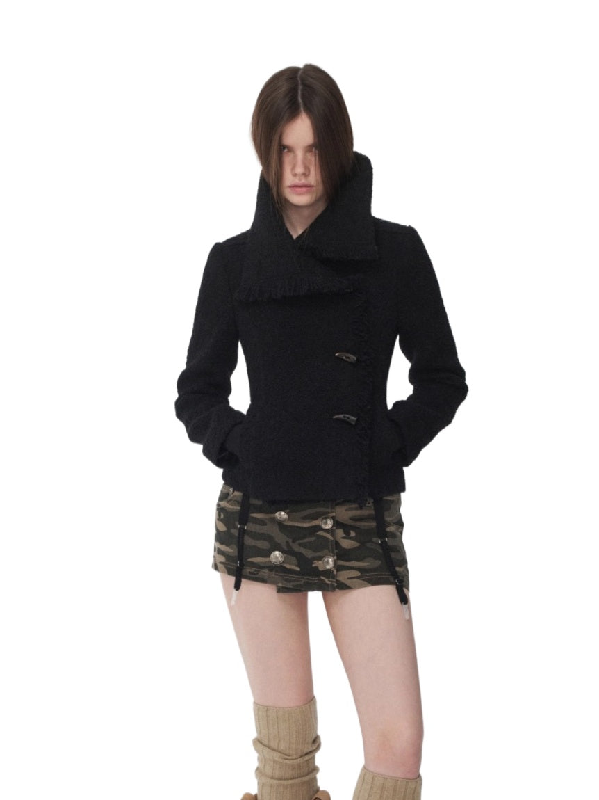 Wool Blend Horn Button High-neck Jacket