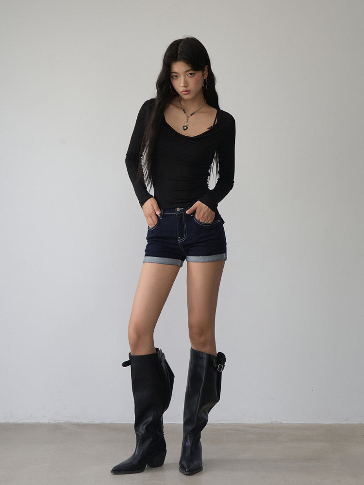 Straight-leg Cuffed Denim Shorts - CHINASQUAD