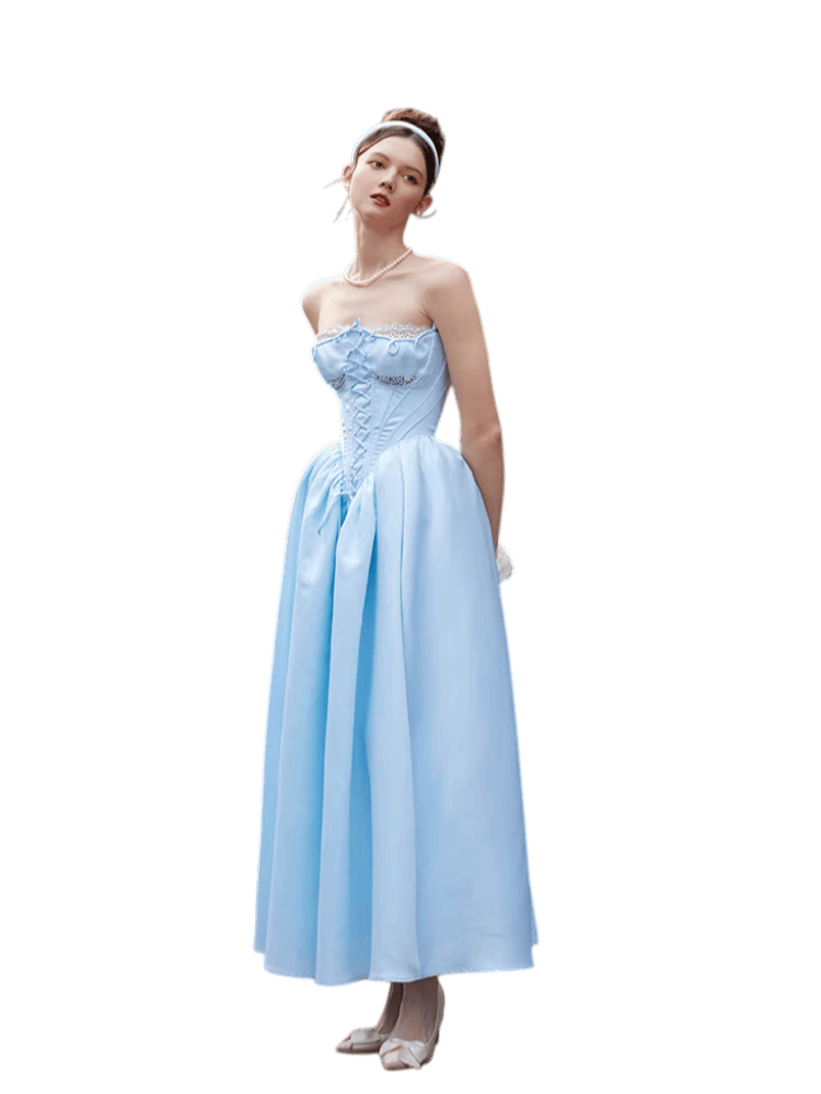 corset dress princess Grey Blue Princess A Line Spaghetti Straps Corset Prom Dress with Lace Ruffles, Grey Blue / 2