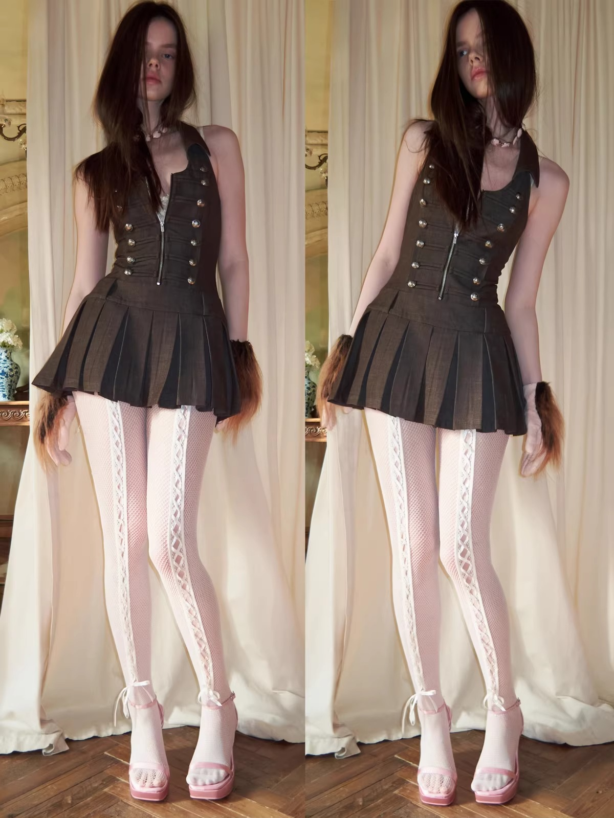 Court-Style Double-Breasted Open-Back Pleated Dress