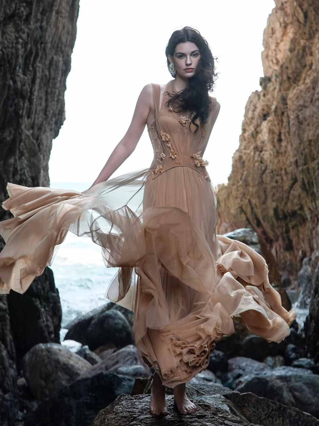 Heavy Lace Halter Corset Mesh Maxi Dress